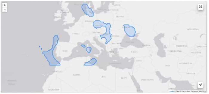 Image of the prototype interface showing ECHO areas in Europe