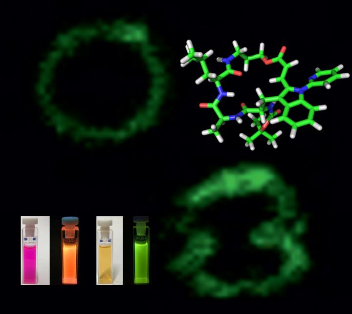 Black background: images of glowing liquids, a molecular structure etc