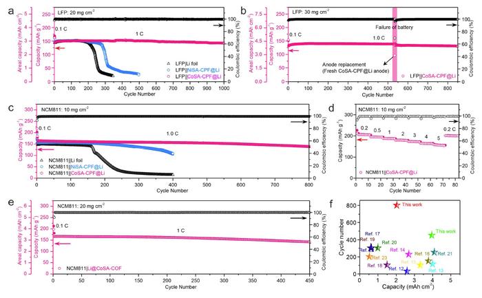 Electrochemical performance of the LFP||Li and NCM811||Li batteries.