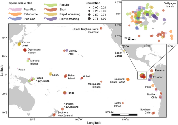 Fig. 1. Composite map of sperm whale clan distribution across 23 labeled regions in the Pacific Ocean