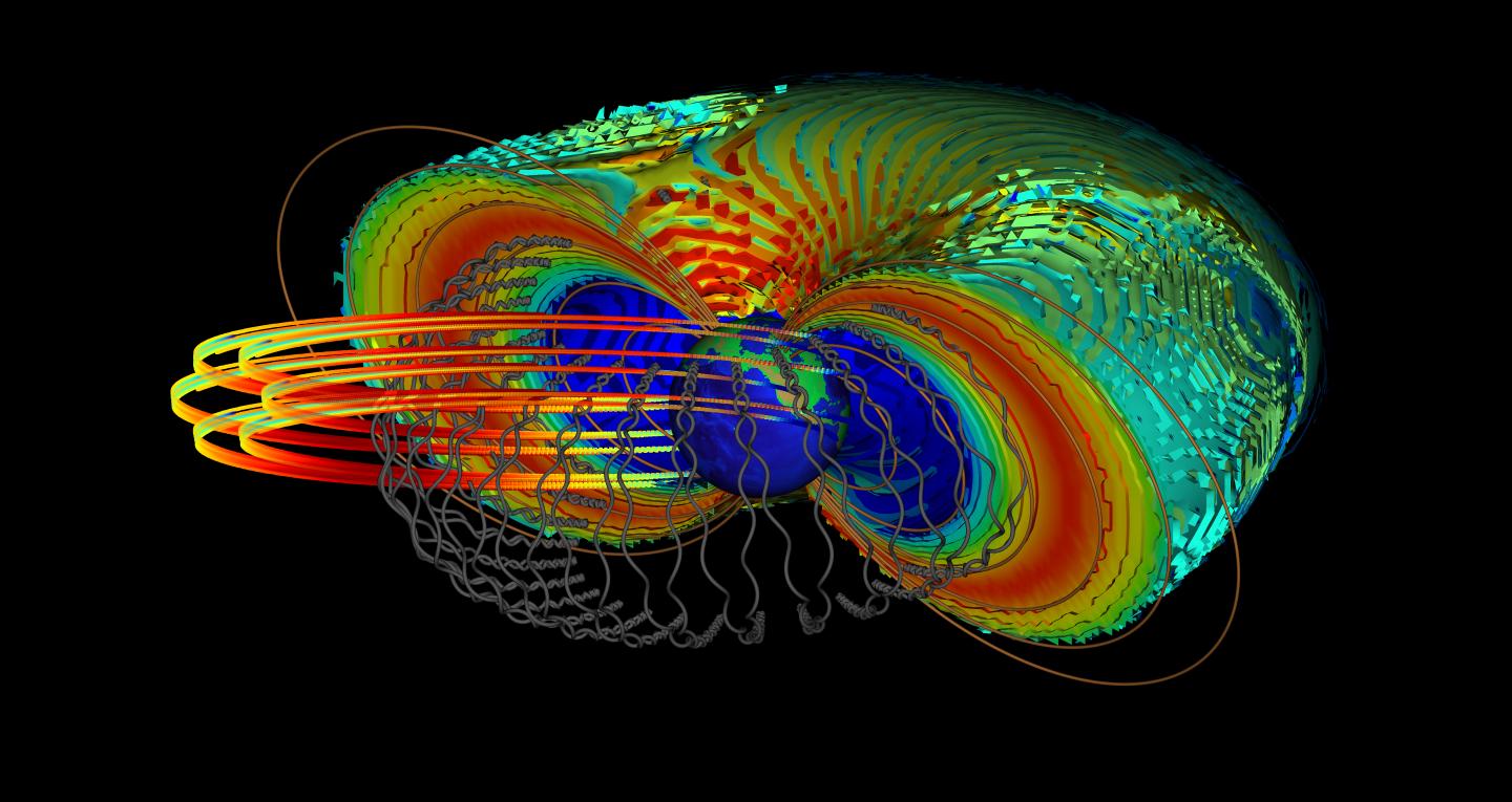 Illustration of electrons in the Van Allen radiation belt around the Earth