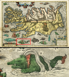 Ortelius's 1658 map of Iceland showing various mythological sea creatures.