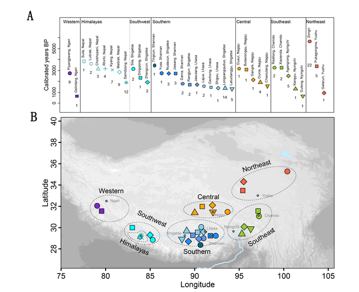 Chronological and geographic distribution of ancient individuals sampled from the Tibetan Plateau for this study