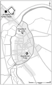 Map of medieval Cambridge with the locations of the three main burial sites used in the research