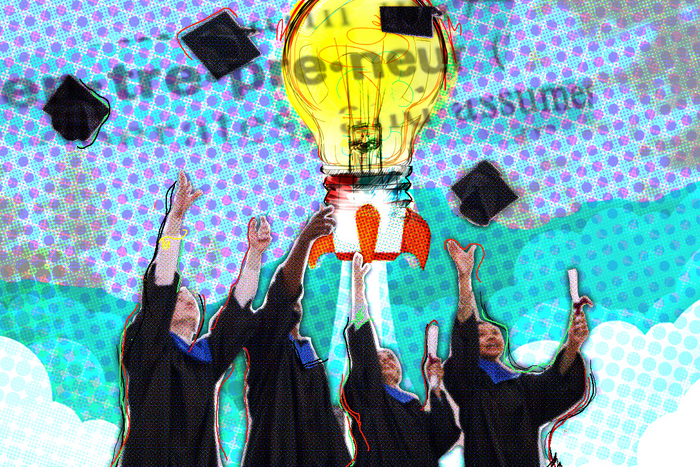 Collage graphic of graduates and a lightbulb.