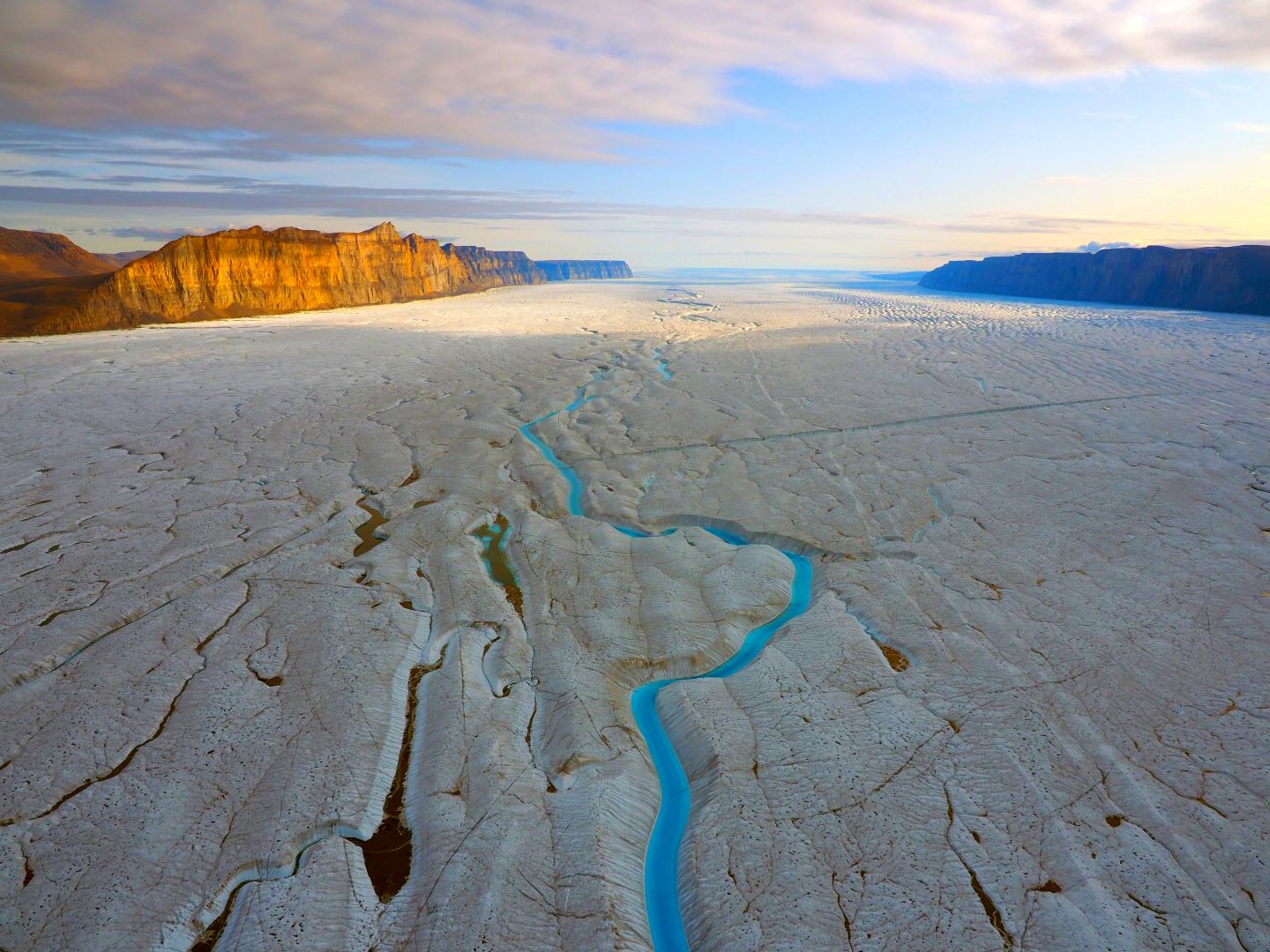 Helicopter view over the Ryder Glacier ice tongue.