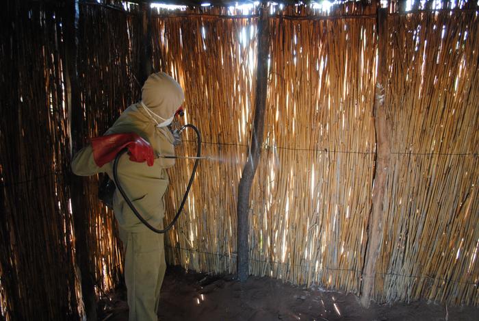 Spraying insecticides on walls inside a home