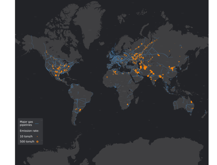 Carte montrant la localisation des principaux gazoducs et les principales sources d’émission de méthane liées à l’industrie pétrolière et gazière.