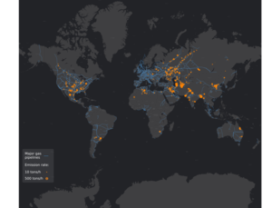 Map of main gas pipelines and sources of methane emissions related to oil and gas industry operations.