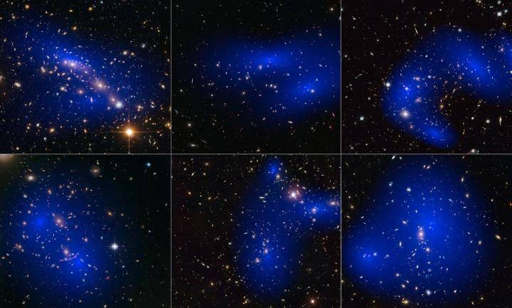 Collage of 6 Cluster Collisions with Dark Matter Maps