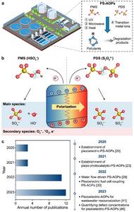 a, Traditional activation method of PS-AOPs technology. b, Mechanism of piezoelectric/PS-AOPs. c, Annual number of publications concerning piezoelectric/PS-AOPs.