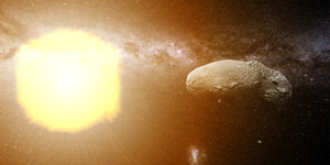 Graphic of the sun, solar winds and itokawa