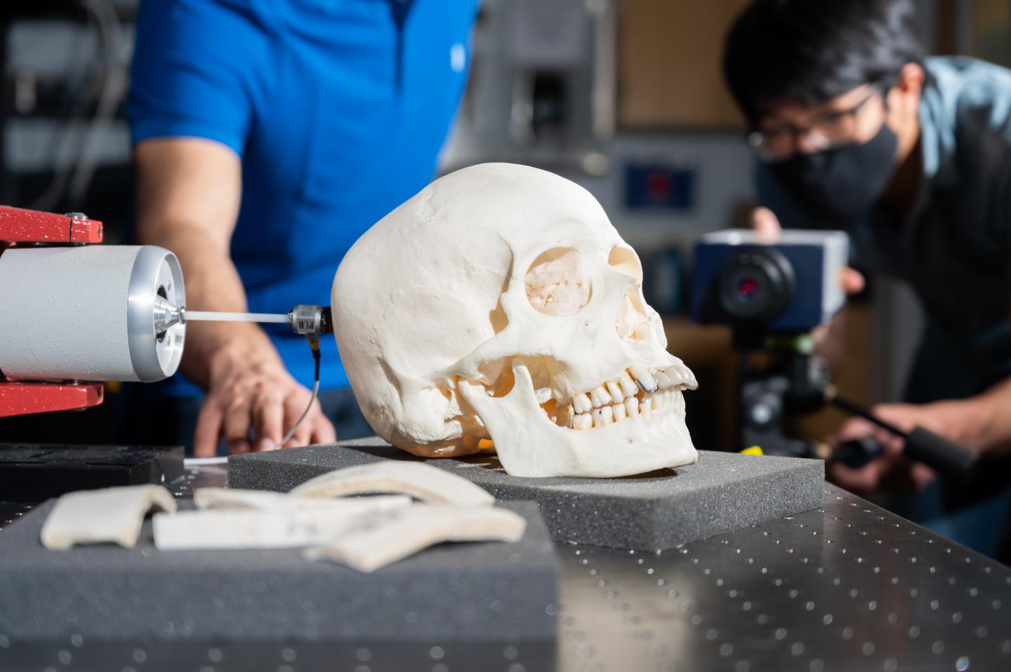 Closeup of vibration experiment on skull