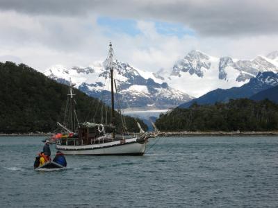Geologists in Zodiac, Tierra del Fuego, Chile.