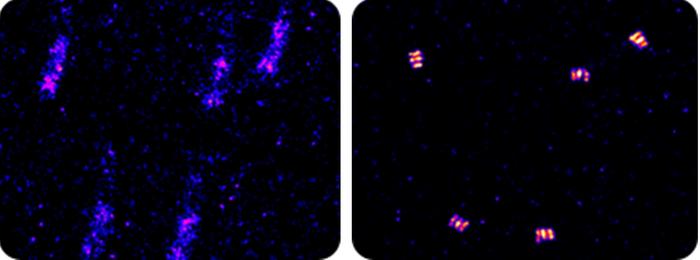 Raw data of DNA origami without any drift correction (left) and the drift-corrected image using AIM (right).