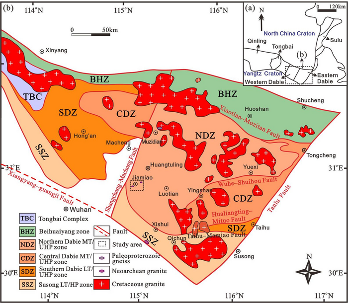 Fig. 1 Schematic geological map of the Qinling-Dabie-Sulu orogenic belt, (a) and sketch geological map of the Dabie orogen (b)