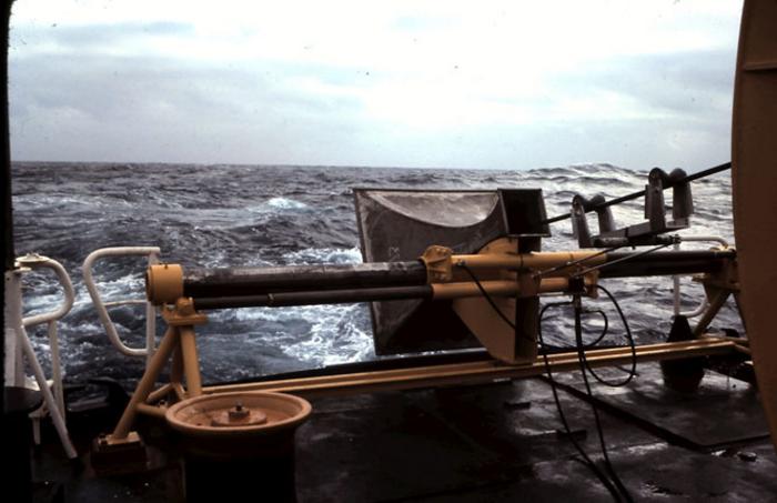 Looking from the stern of the ship as it tows the long horizontal array of hydrophones