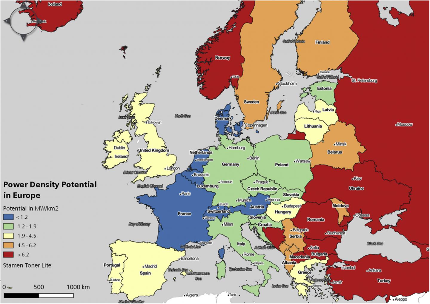 Onshore power density potential Europe