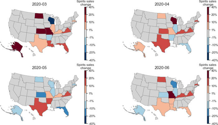 Fig 4. Geographic differences for how the per capita sales of spirits changed during the pandemic.