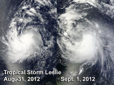 NASA MODIS Images of Tropical Storm Leslie Over 2 Days