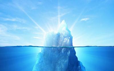 Illustration of An Ice Berg with Uppermost Part above the Water with Beams of Light from the Ice