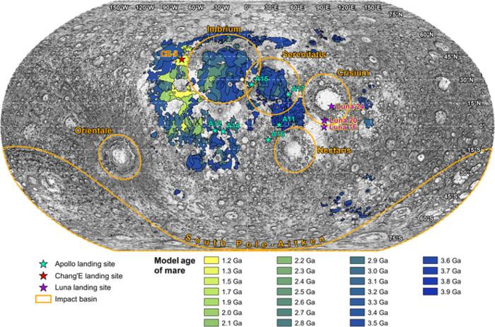 Fig. 1. Locations of samples returned from the Moon. Model ages of mare deposits [1] were based on superposed crater densities and the Neukum crater chronology [23]. The Moon had a much higher impact flux before the visible lunar mare were emplaced, but t