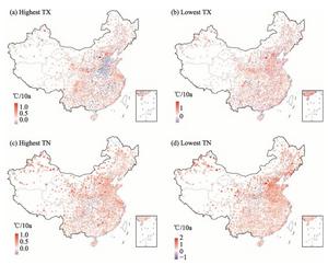 Mapping showing the Mann–Kendall test for TXx, TXn, TNx, and TNn during 1961–2020 in China.