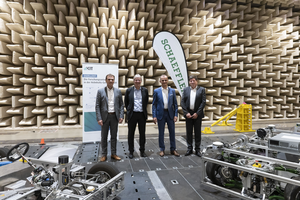 KIT and Schaeffler boost mobility research with a strategic partnership: Uwe Wagner, Chief Technology Officer, Schaeffler AG; Professor Holger Hanselka, President of KIT; Matthias Zink, CEO Automotive Technologies, Schaeffler AG; Professor Thomas Hirth, Vice President for Innovation and International Affairs at KIT