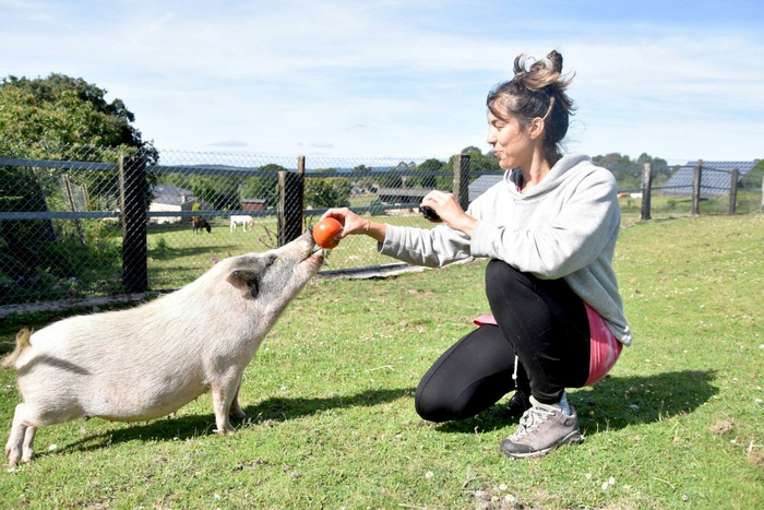 Paula Perez, the researcher and a pig