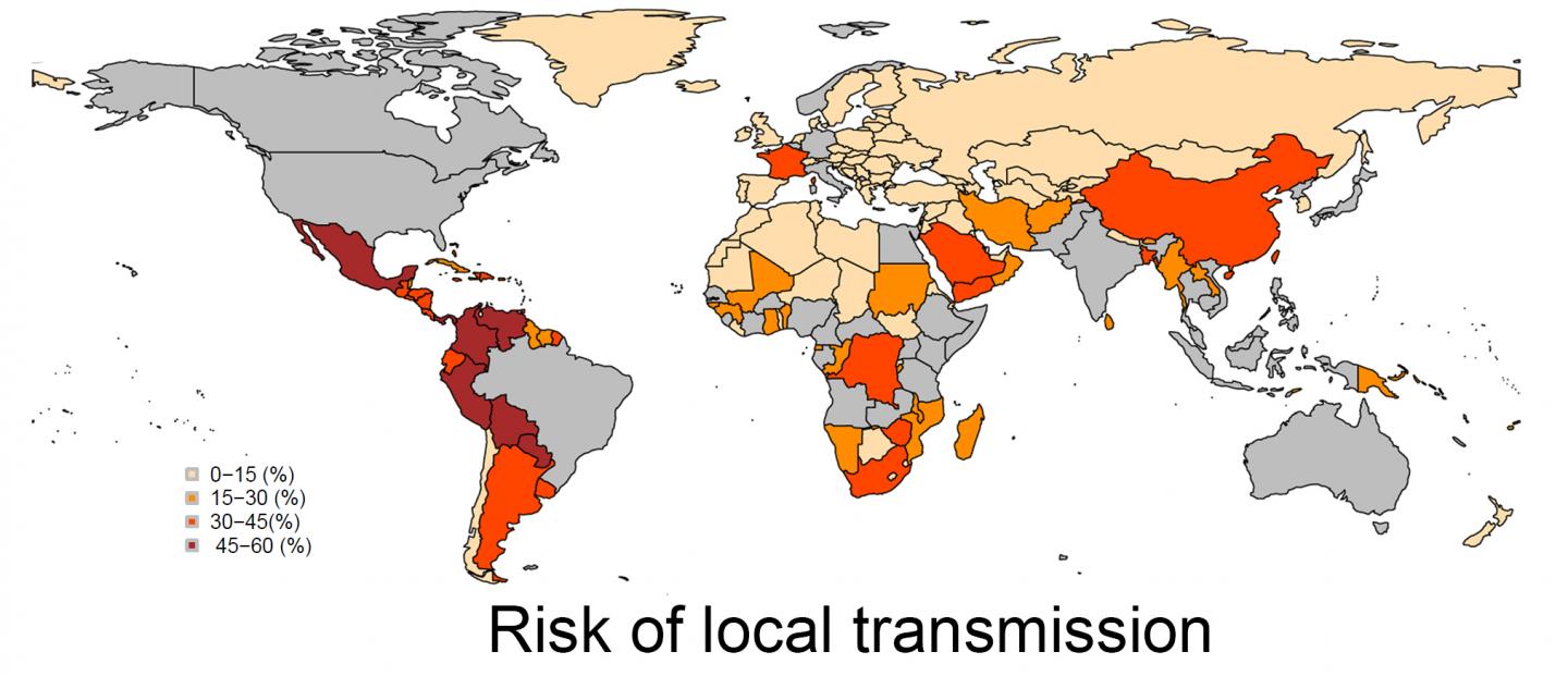 Global Distribution of the Risk of Local Transmission with Zika Virus