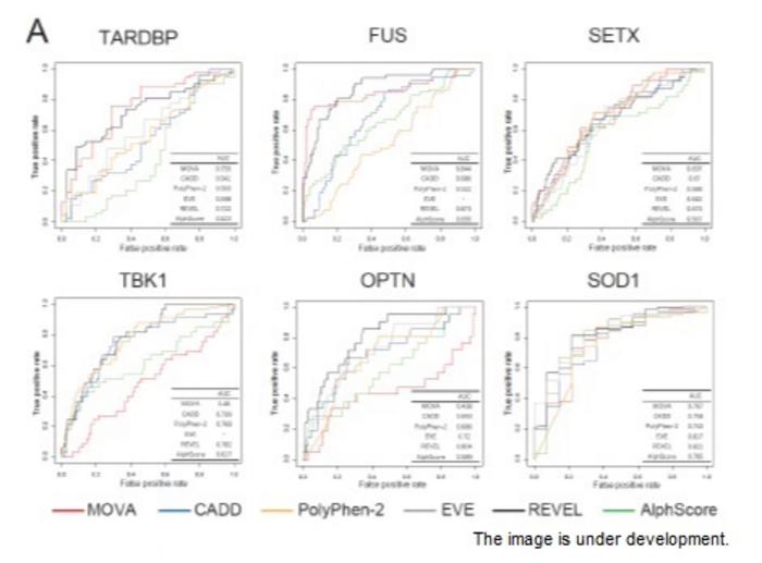 Validation of the accuracy of MOVA in predicting the pathogenicity of ALS-causing gene mutations.