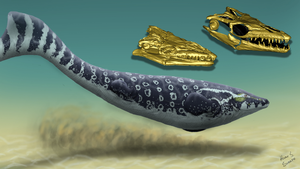 Paleoartistic reconstruction of a plioplatecarpine mosasaur from the Western Interior Seaway with 3D laser scan and reconstructed life-like skull (credit artwork: Henry Sharpe).