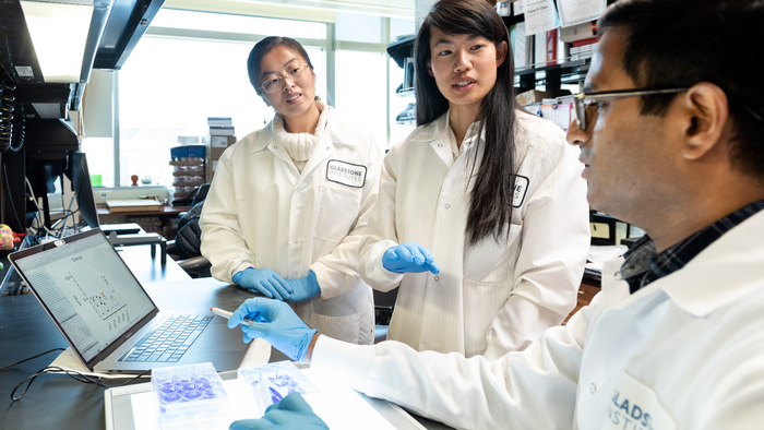 Gladstone scientists Tongcui Ma, Irene Chen, and Rahul Suryawanshi.