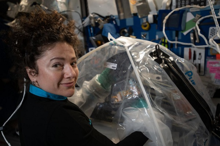 NASA astronaut Jessica Meir sets up for the MVP Cell-03 investigation