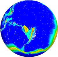 Tectonic Plate Motion (arrows) and Viscosity Arising from Global Mantle Flow Simulation