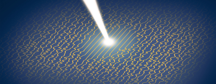 Artist's rendering of laser striking charge density waves in a superconducting material.