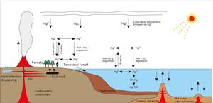 Schematic diagram illustrating global Hg cycle under enhanced volcanic emissions in atmosphere, oceans and land.