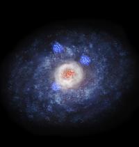 アルマ望遠鏡とハッブル宇宙望遠鏡で観測した110億光年かなたの銀河 の想像図