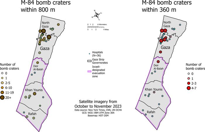 Satellite data shows massive bombs dropped in dangerous proximity to Gaza Strip hospitals in 2023