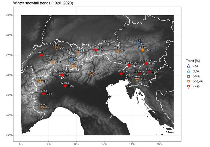 Winter snowfall trends in the Alps (1920-2020)