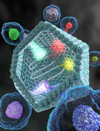 Artistic Rendering of Giant Virus Acquiring Genes from Different Host Cells