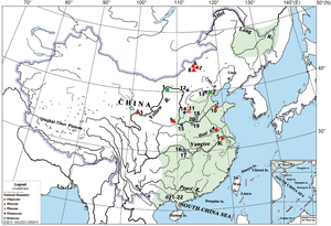 Map of localities of fossil grass carp group and distribution of living species Ctenopharyngodon idella (Cuvier and Valenciennes, 1844)