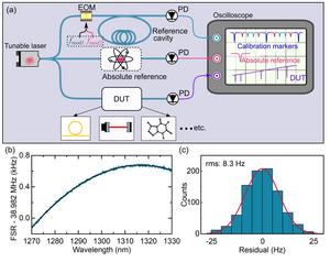 Principle of a Hz-level broadband spectrometer based on dual RF modulation.