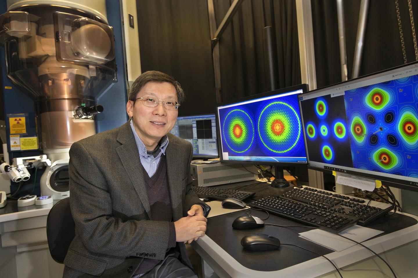 Lijun Wu in electron microscopy facility at Brookhaven Lab