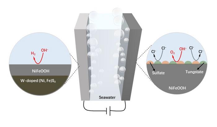 Scheme of the self-reconstructed stable and active surface on carbonized wood electrodes for seawater electrolysis.