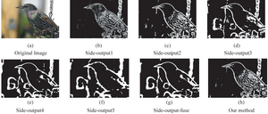 Example outputs from each network layer of HED and the holistic contour map generated in our method.