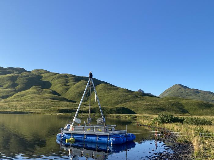 Floating drilling platform for extracting sediment cores from lakes, Alaska