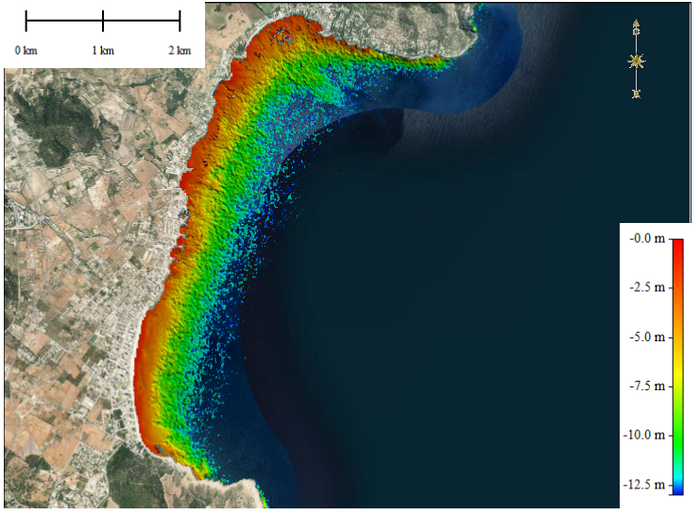 Satellite-Derived Bathymetry (SDB) from Sentinel-2 images (2020) in Son Servera Bay. The main study area, Cala Millor beach, is located in the southern part of the image / Satellite-Derived Bathymetry (SDB) from Sentinel-2 images (2020) in Son Servera Bay. The main study area, Cala Millor beach, is located in the southern part of the image.