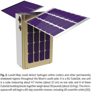 Fig. 2. LunaH-Map could detect hydrogen within craters and other permanently shadowed regions throughout the Moon’s south pole. It is a 6U CubeSat, one unit is a cube measuring about 4.7 inches (about 12 cm) on one side, and 6 of these CubeSat building 