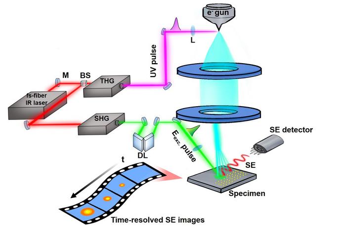 Figure 1 | Schematic illustration of probing photo-generated surface charge carriers using ultrafast scanning electron microscopy.